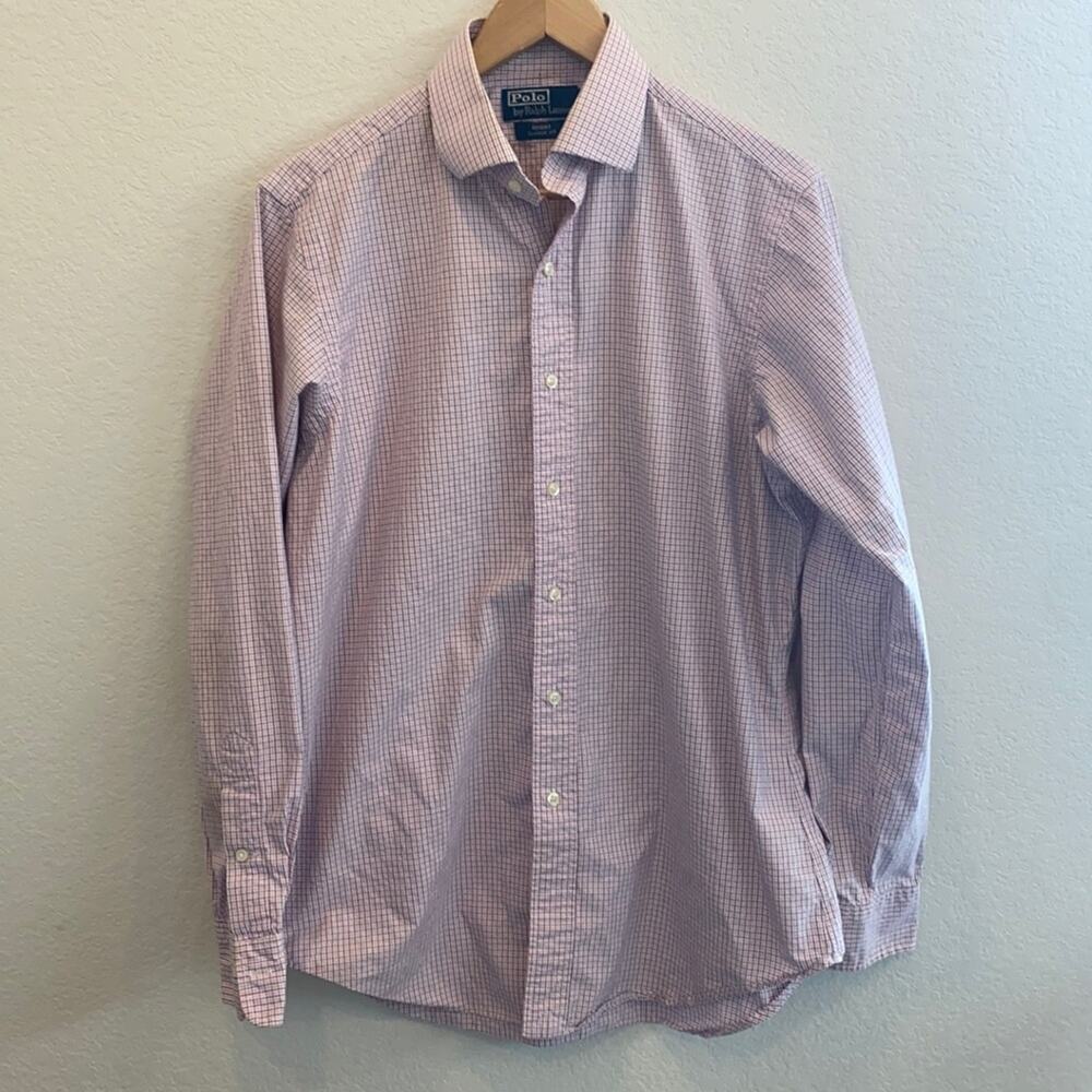 Polo Ralph Lauren Men's Blue Pink Plaid Button-Down Dress Shirt Size 15.5